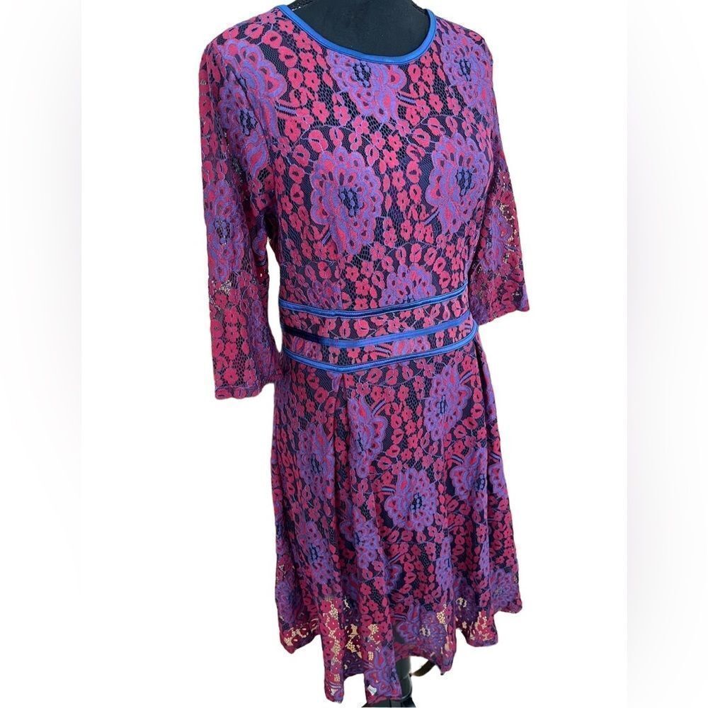 MIUSOL red/blue lace lined fit and flare midi dress w/ elbow length sleeves sz M - Picture 6 of 8
